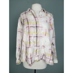 Free People We The Free Women's S Top Plaid‎ Button Seeking Starlight Distressed
